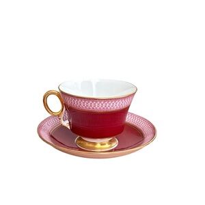 Adderley Fine Bone China England Teacup & Saucer Red Gold Trim